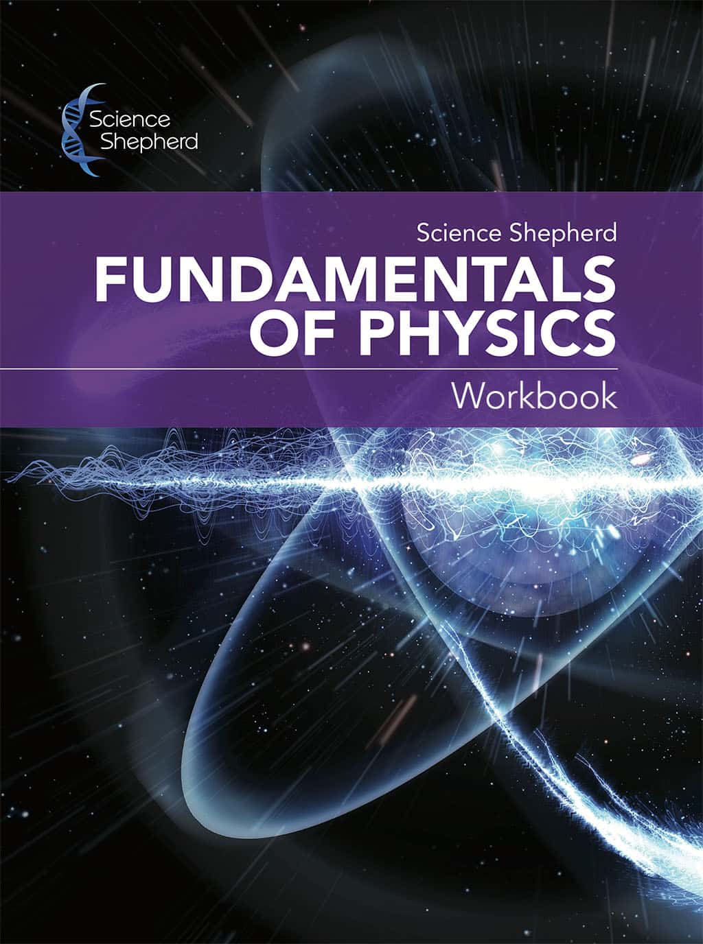 Homeschool physics workbook cover of a blue glowing atom