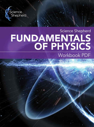 Homeschool physics workbook PDF cover of a blue glowing atom
