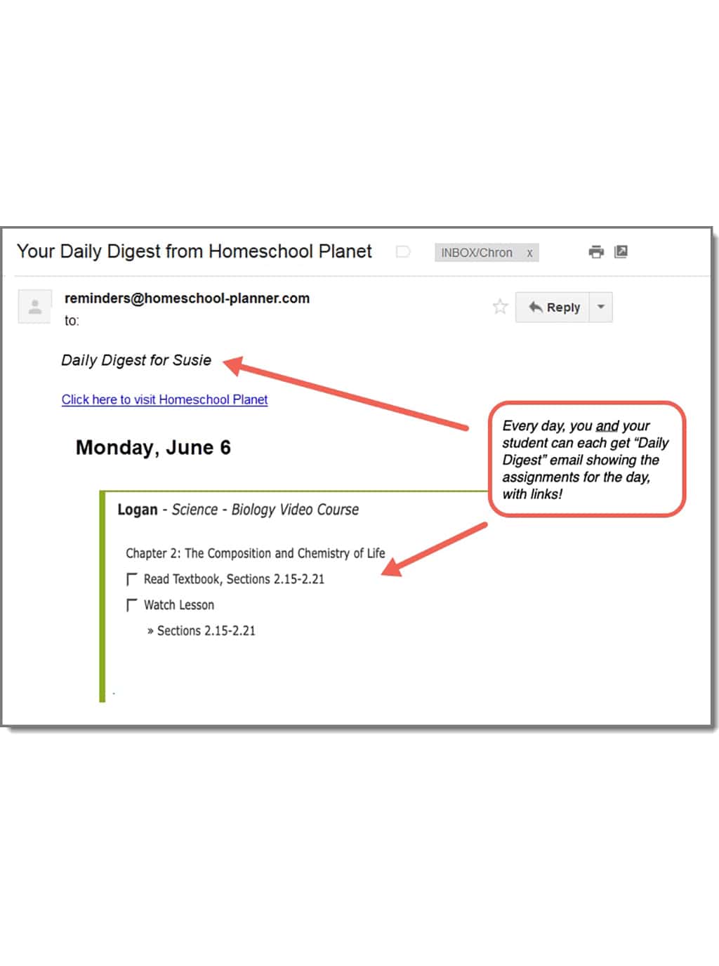 Homeschool science lesson plans daily digest email screenshot