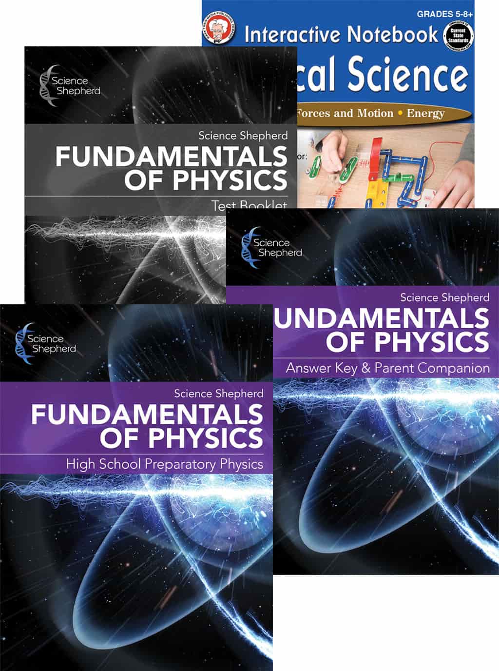 Physics curriculum homeschool 3-book set cover with textbook, test booklet, parent guide, lab manual
