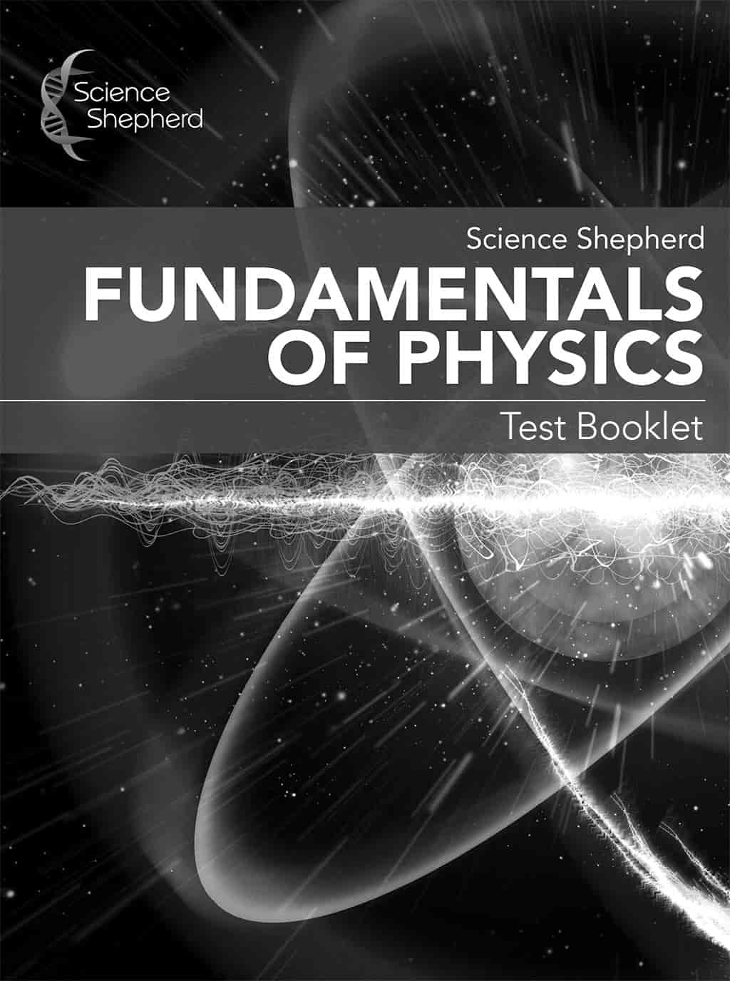 Fundamentals of Physics homeschool test booklet cover in grayscale