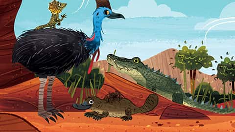 Christian board books banner of Australian animals including a crocodile, platypus and cassowary