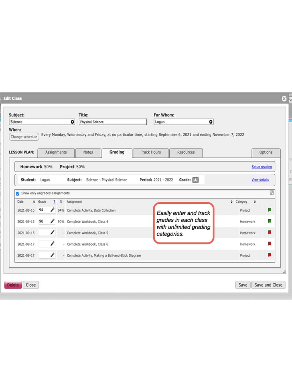 Homeschool chemistry lesson plan grade book screenshot