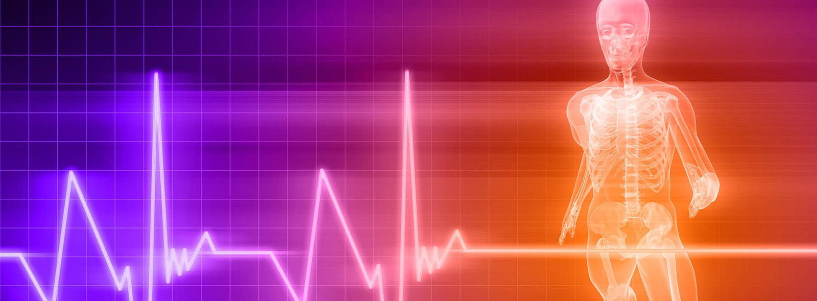 A glowing orange translucent human skeleton model stands against a red-to-purple gradient background with a neon-style heartbeat line across the frame.