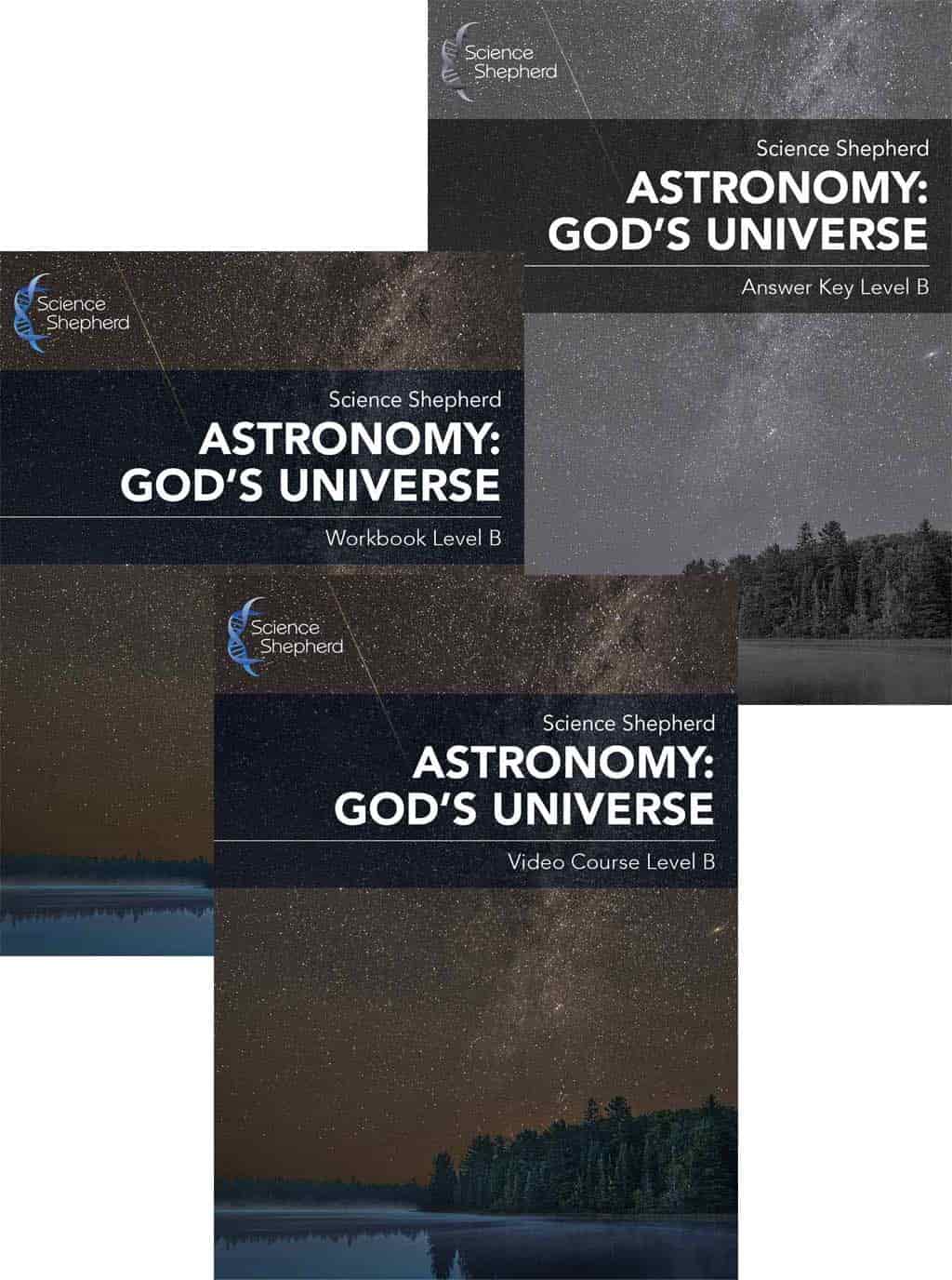 Astronomy homeschool curriculum Level B bundle cover of the video course, workbook and answer key