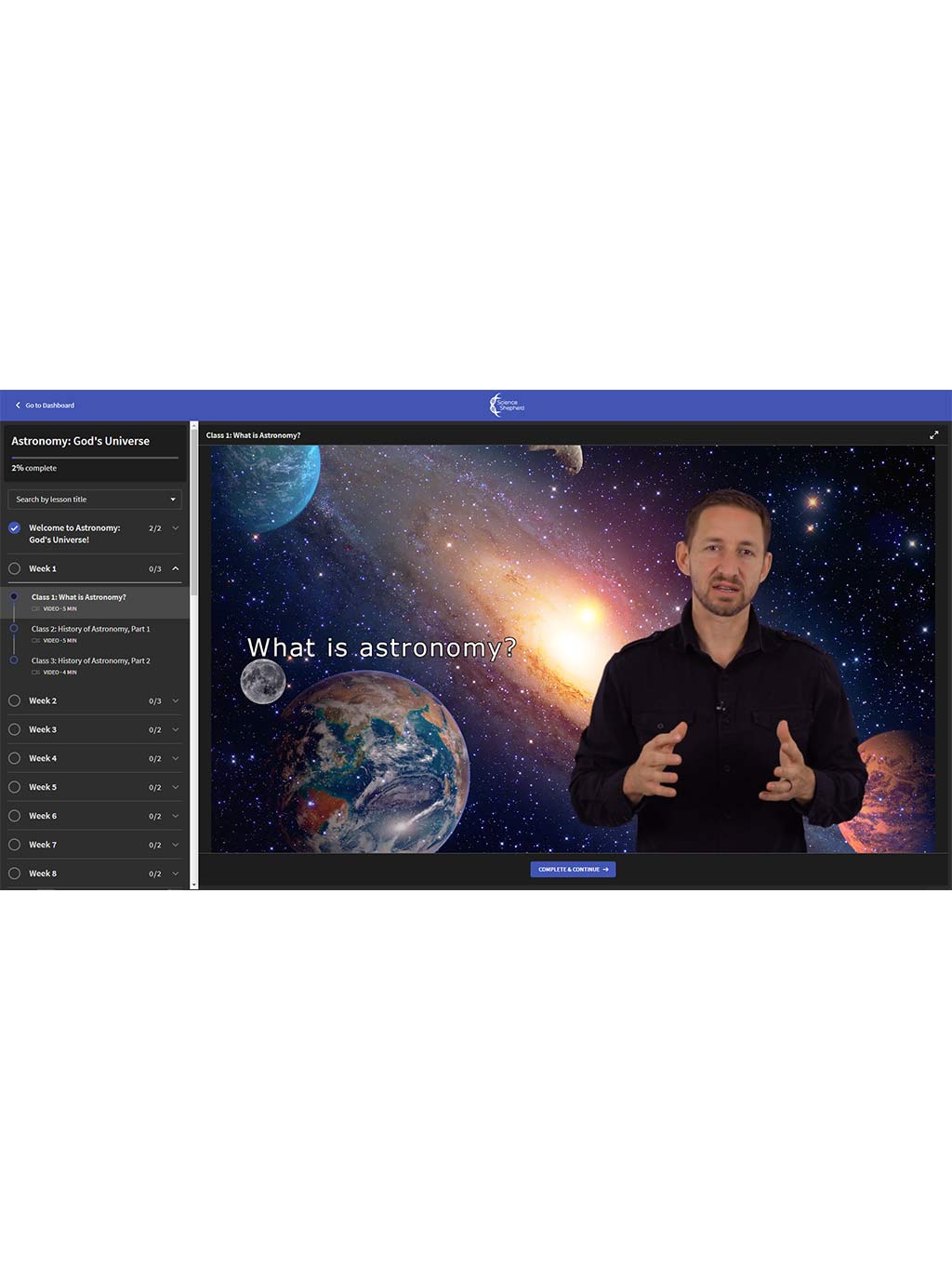 Astronomy homeschool curriculum student portal screenshot showing a lesson video