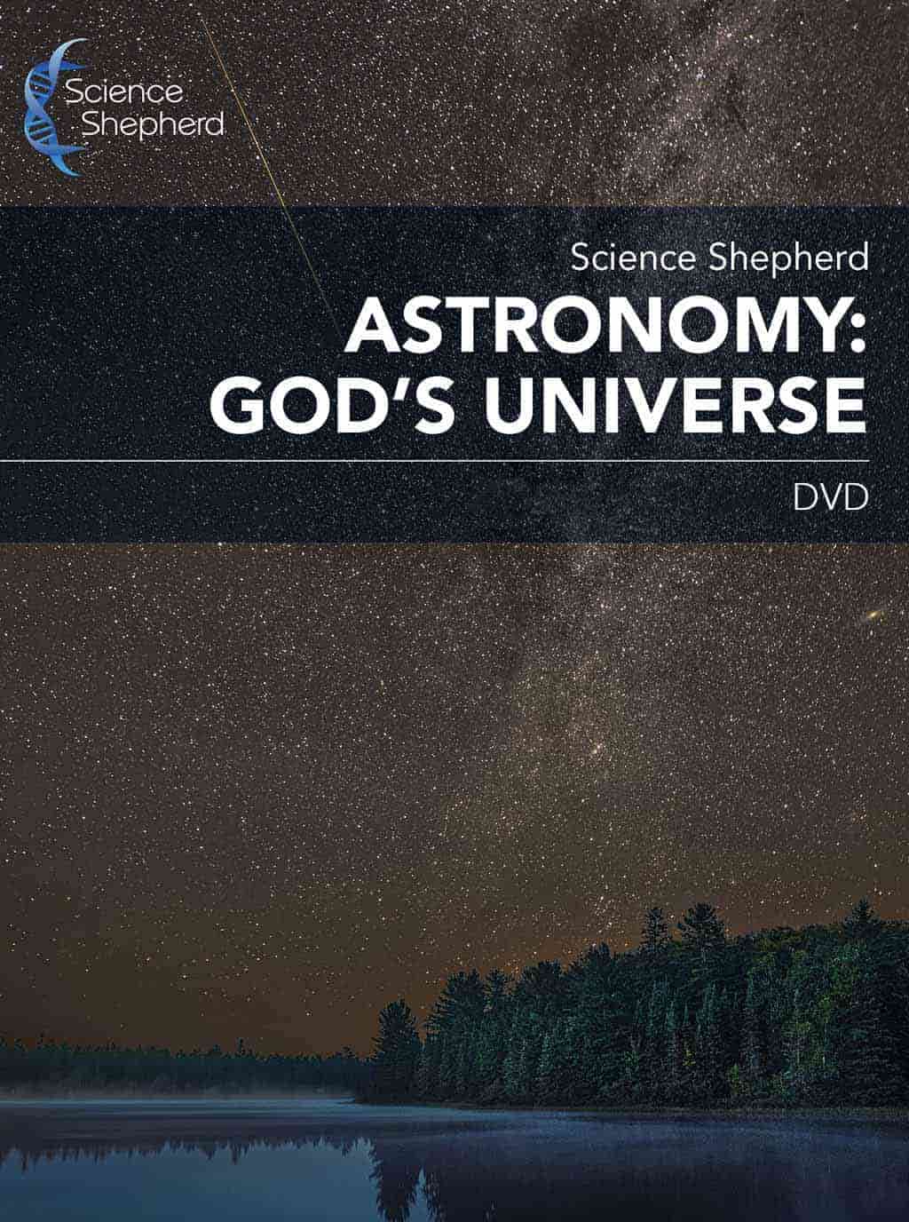 Astronomy homeschool curriculum DVD set cover showing the starry night sky over a lake and forest