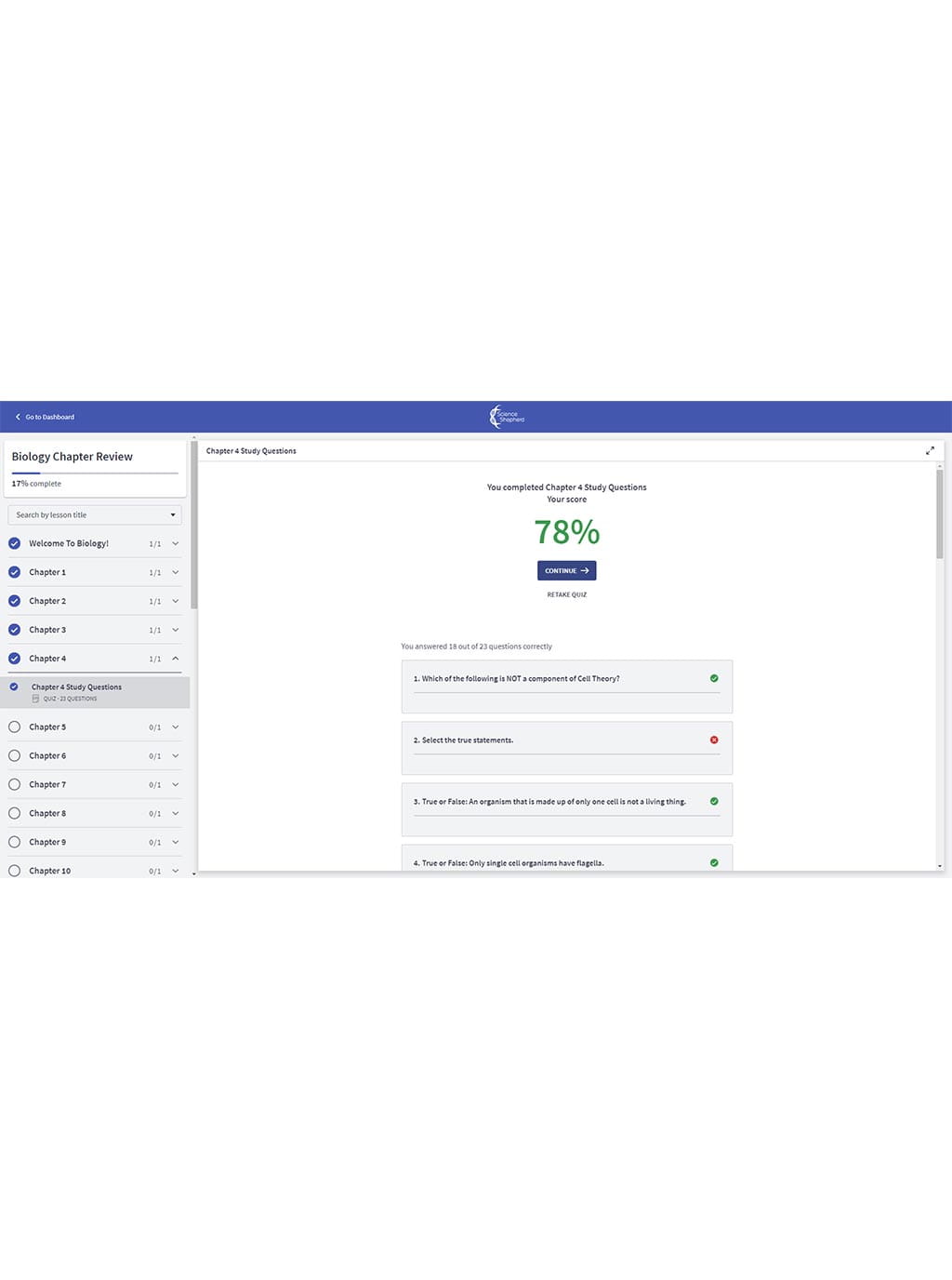 Homeschool high school Biology curriculum online chapter review quiz portal results screenshot
