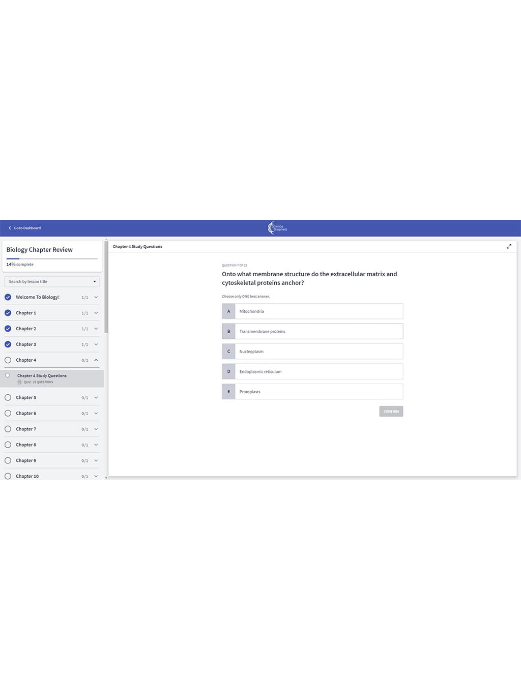 Homeschool high school Biology curriculum online chapter review quiz student portal screenshot