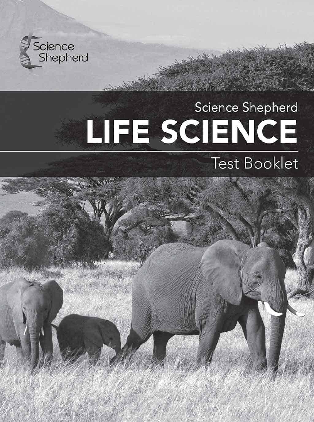 Homeschool 6th grade science test booklet cover of African elephants in grayscale