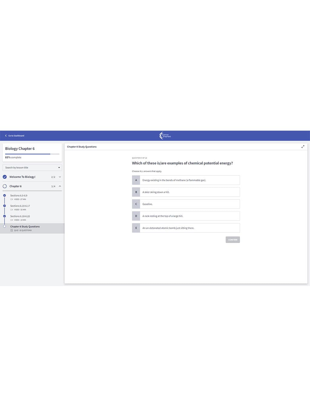 Science Shepherd Homeschool Biology Online Video Course review quiz portal question screenshot