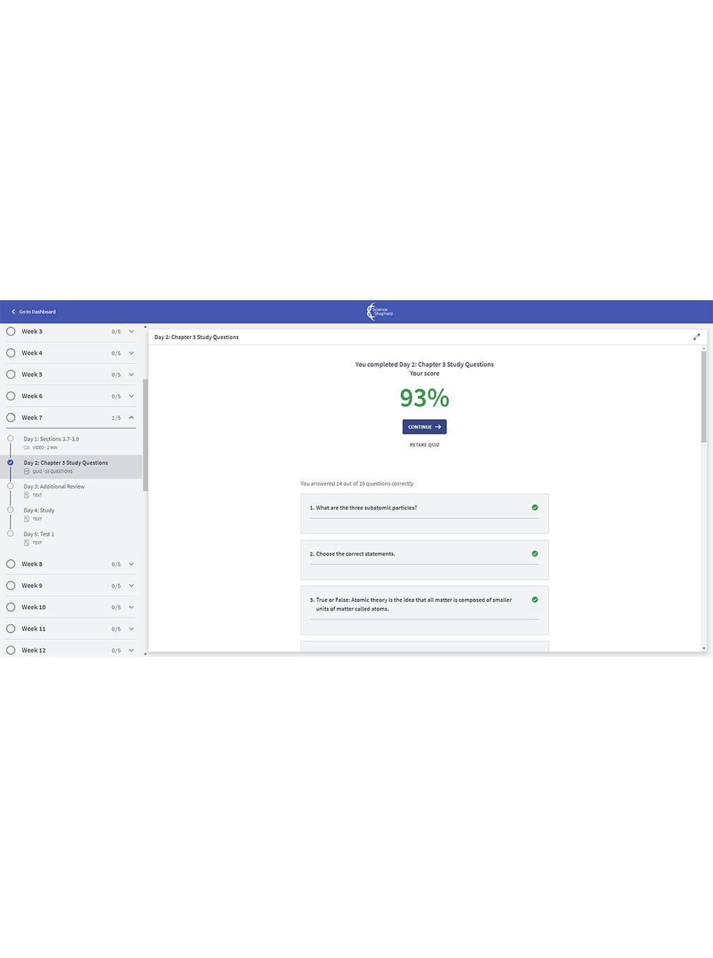 Homeschool chemistry online review chapter quizzes student portal results screenshot