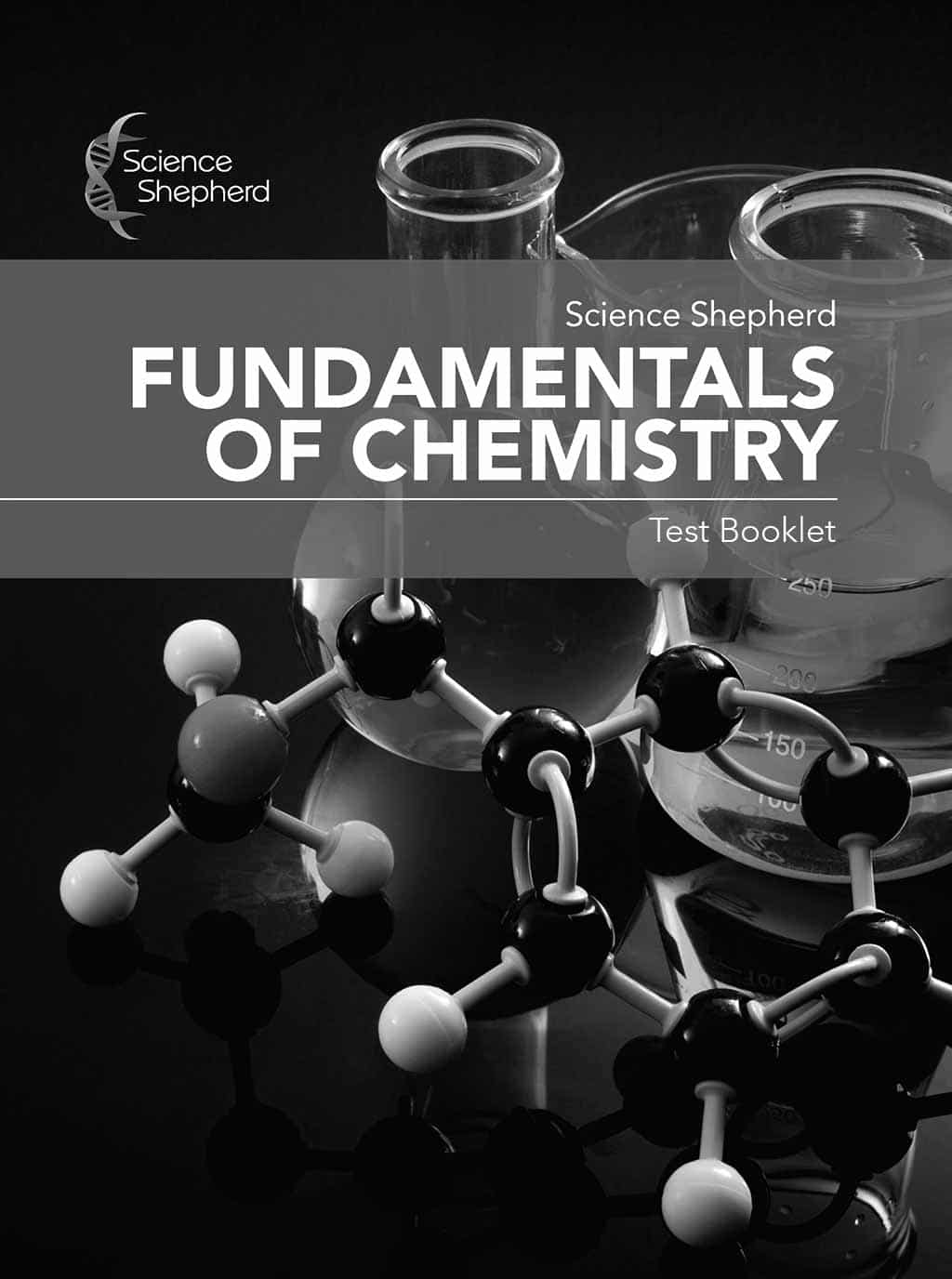 Homeschool chemistry tests booklet cover of molecular model and beakers in grayscale