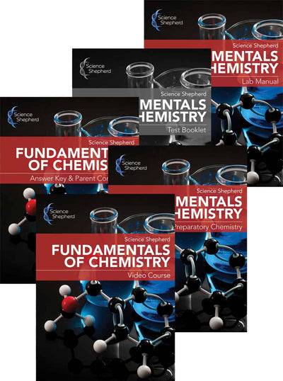 Fundamentals of Chemistry homeschool videos with 3-book set and lab manual cover