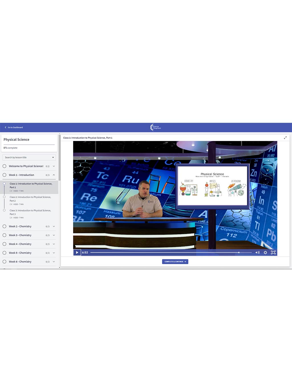 Homeschool Physical Science curriculum video course screenshot of the student portal