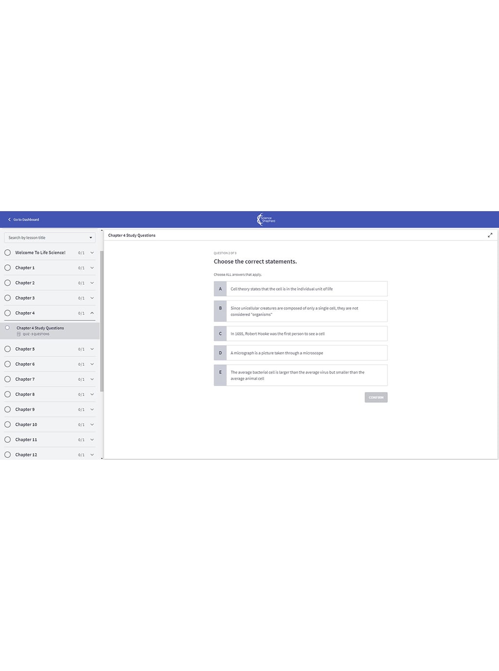 Homeschool science curriculum review online quizzes question screenshot