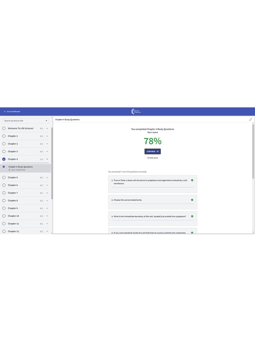 Homeschool science curriculum review online quiz chapter 4 results screenshot