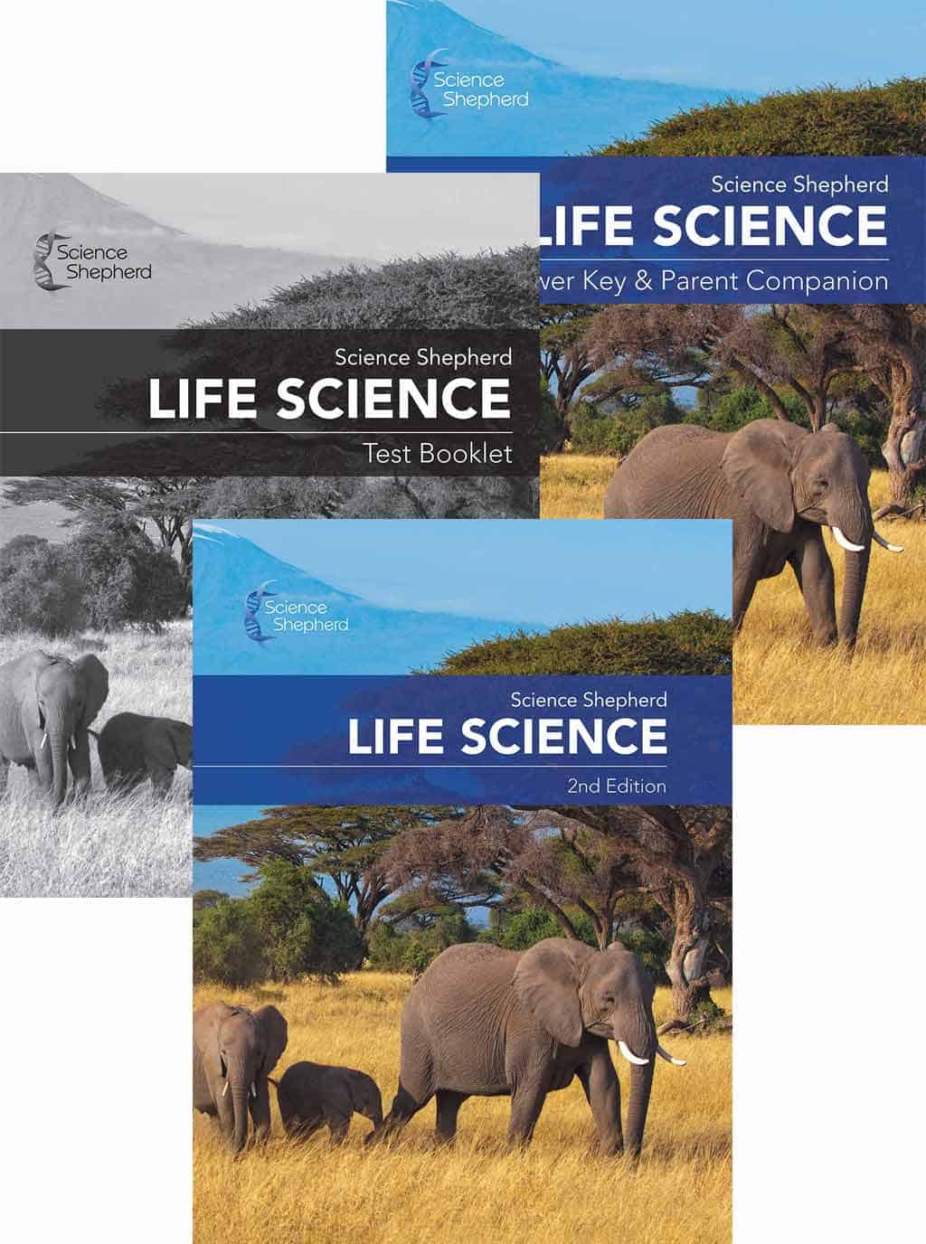 Science Shepherd Life Science homeschool curriculum covers of the textbook, test book and answer key