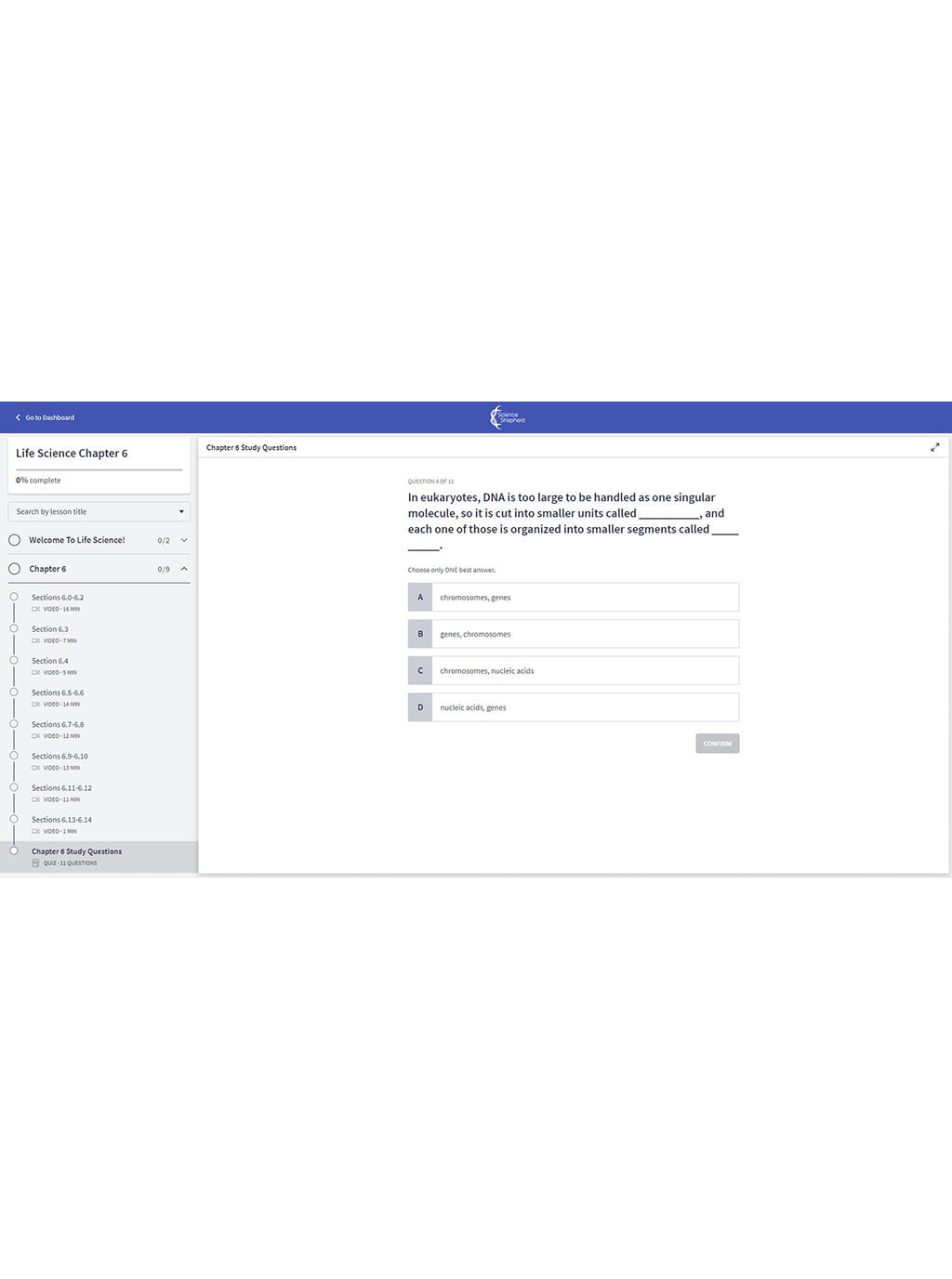 Life Science homeschool video curriculum student portal screenshot of a chapter quiz