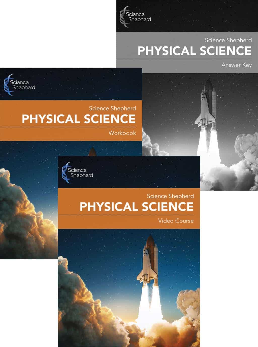 Physical Science homeschool curriculum bundle cover of a video course, workbook and answer key