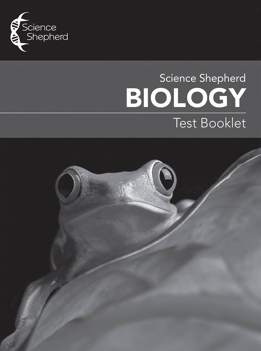 High school science homeschool Test Booklet cover of frog on leaf in grayscale